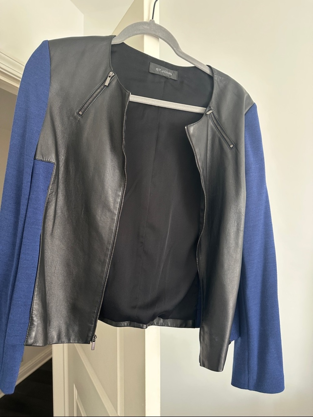 St. John Black Leather Jacket with Royal Blue Knit Sleeves